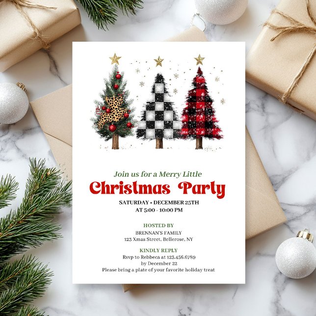 Invitation Festive red black buffalo Christmas tree invites (Festive red black buffalo Christmas tree invitation)