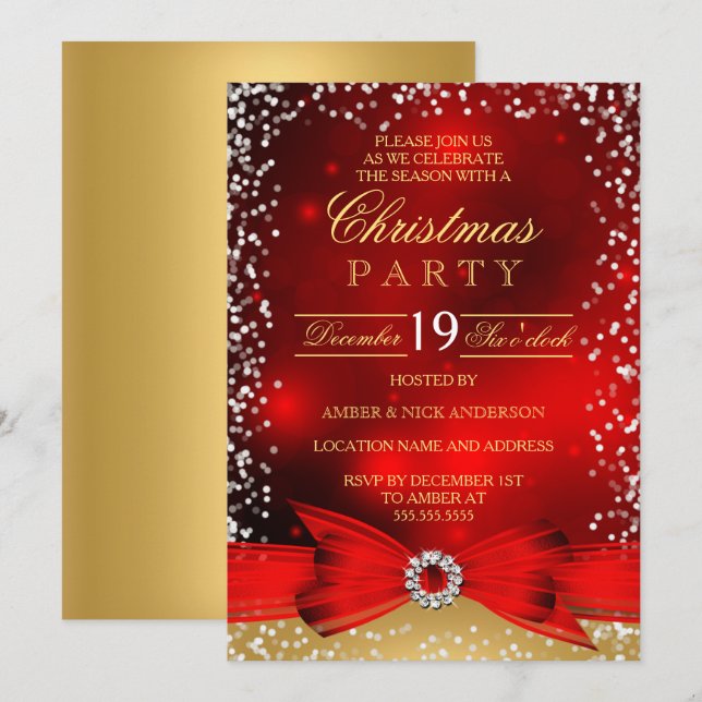 Invitation Festive Red Gold Bow Christmas Party (Devant / Derrière)