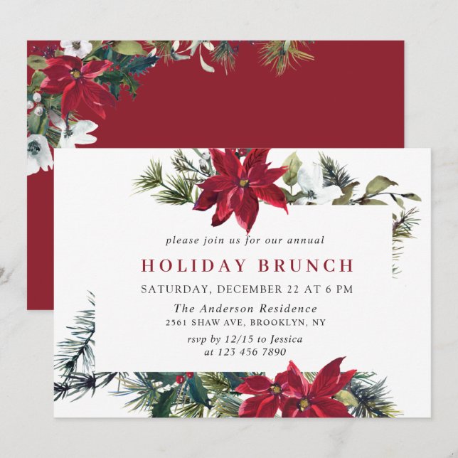 Invitation Festive Red Poinsettia Noël VACANCES BRUNCH (Devant / Derrière)