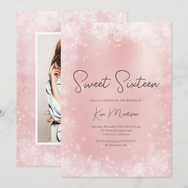 Invitation Festive rose blanche neige élégante chic doux 16 (Devant / Derrière)