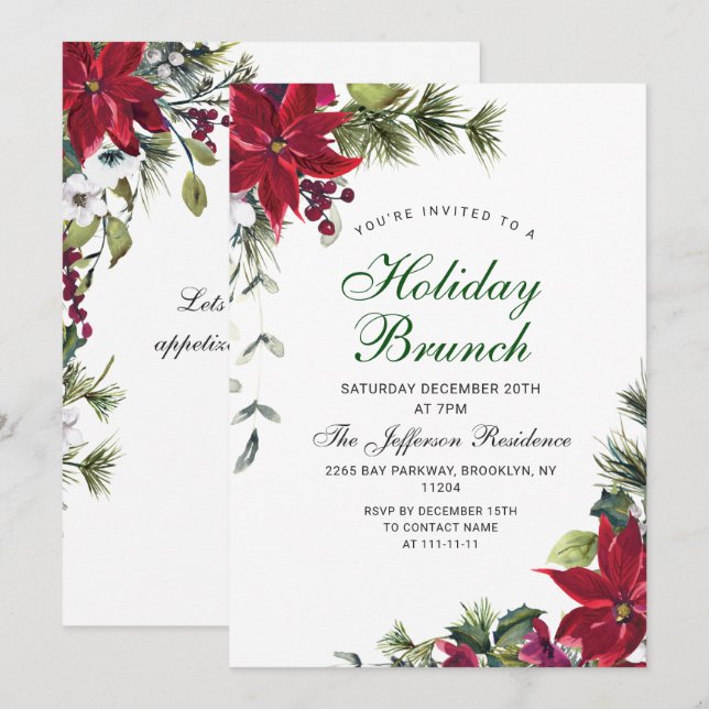 Invitation Festive Rouge Poinsettia Noël Brunch (Devant / Derrière)