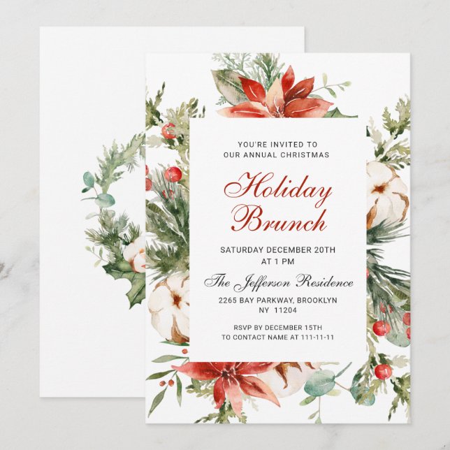 Invitation Festive Rouge Poinsettia Noël Brunch (Devant / Derrière)