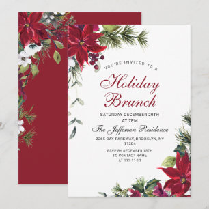 Invitation Festive Rouge Poinsettia Noël Brunch