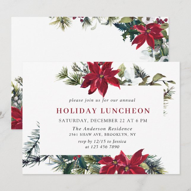 Invitation Festive Rouge Poinsettia Noël VACANCES DÉJEUNER (Devant / Derrière)