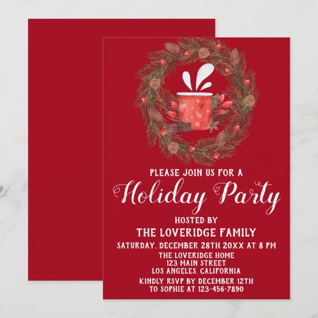 Invitation Festive Rouge & Vert Noël Wreath Fête de Noël (Devant / Derrière)