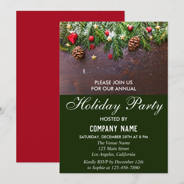 Invitation Festive Rustique Rouge & Green Company Fête (Devant / Derrière)