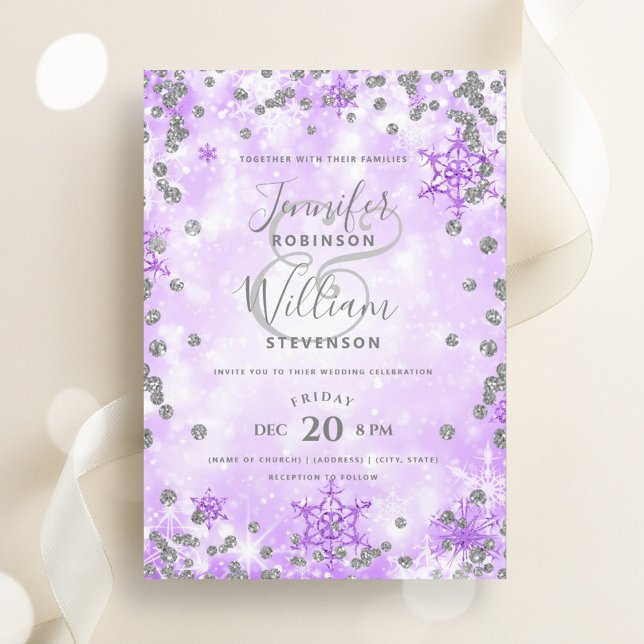 Invitation Festive Silver Purple Glam Élégant Mariage d'hiver (Festive Silver Purple Glam Elegant Winter Wedding Invitation)