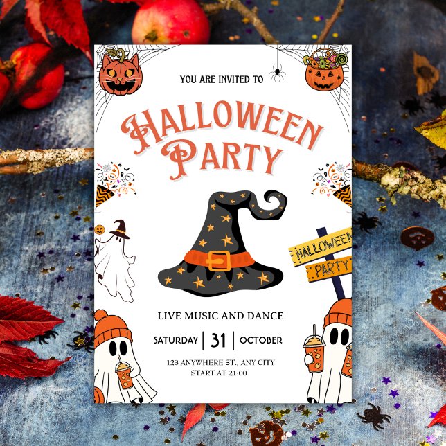 Invitation Festive sorcière Casquette & Fantômes Halloween Pa (Festive Witch Hat & Ghosts Halloween Party Invitation
)