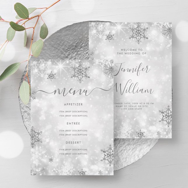 Invitation Festive Sparkle Silver Winter Wedding Menu (Festive Sparkle Silver Winter Wedding Menu Invitation)