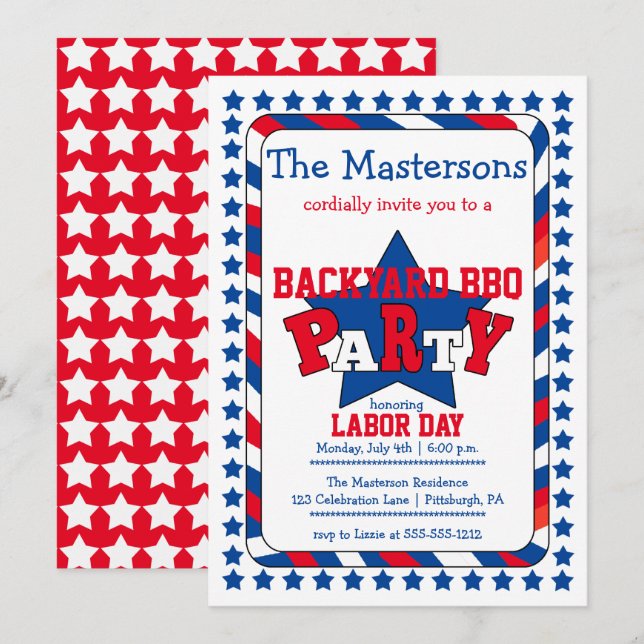 Invitation Festive Stars and Stripes Patriotic Labour Day BQ (Devant / Derrière)