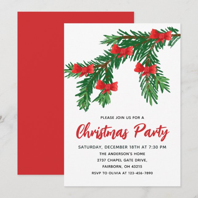 Invitation Festive Watercolor Greenery Red Bow Christmas (Devant / Derrière)