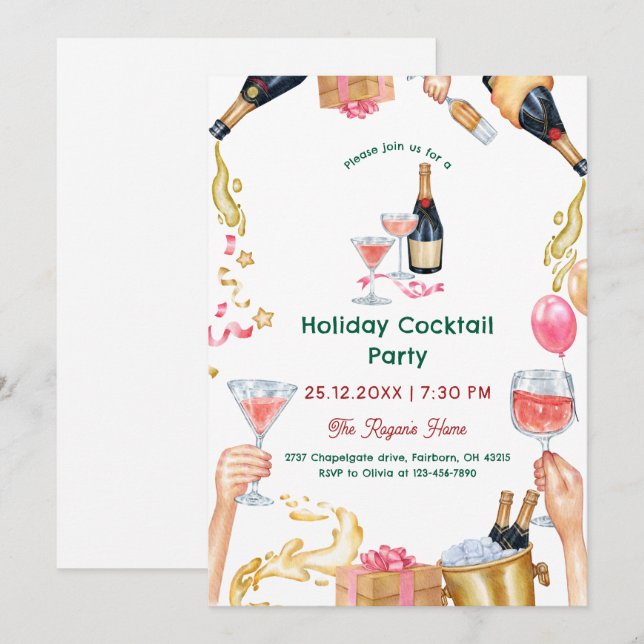 Invitation Festive Watercolor Holiday Cocktail Party (Devant / Derrière)