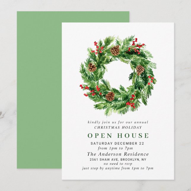 Invitation Festive Wreath NOËL VACANCES OPEN HOUSE (Devant / Derrière)