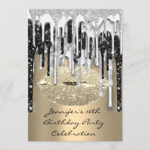 Invitation Fête 16ème Lèvres Baiser Or Argent Paillettes Gout