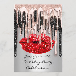 Invitation Fête 16ème Lèvres Rouges Baiser Rose Paillettes Br