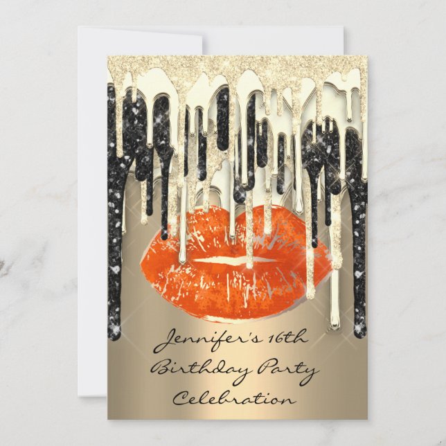 Invitation Fête 16th Lips Kiss Black Coral Parties scintillan (Devant)