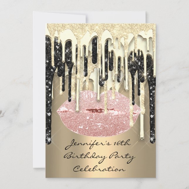 Invitation Fête 16th Lips Kiss Black Rose Parties scintillant (Devant)