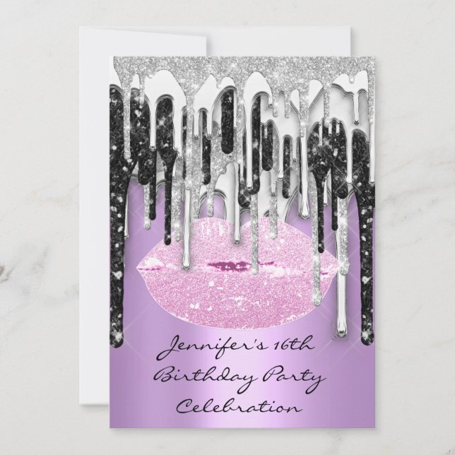 Invitation Fête 16th Lips Kiss Purple Rose Parties scintillan (Devant)