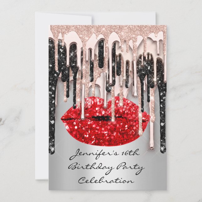 Invitation Fête 16th Red Lips Kiss Rose Parties scintillant D (Devant)