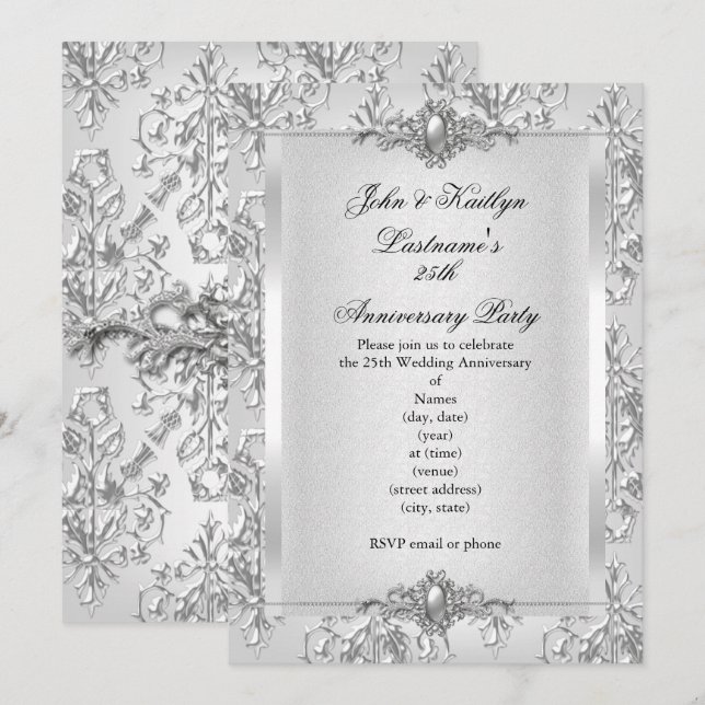 Invitation Fête 25e Anniversaire Damassé Argenté Blanc Petit (Devant / Derrière)