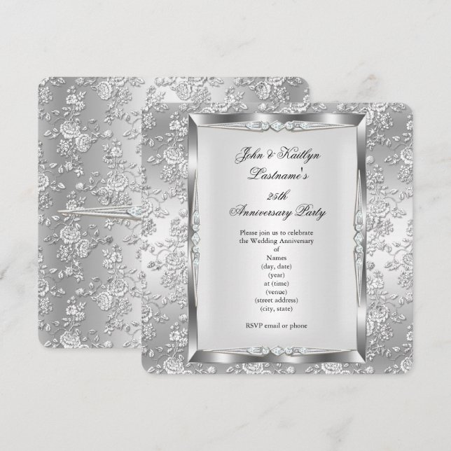 Invitation Fête 25e Anniversaire Rose Damassée Argent Blanc 4 (Devant / Derrière)