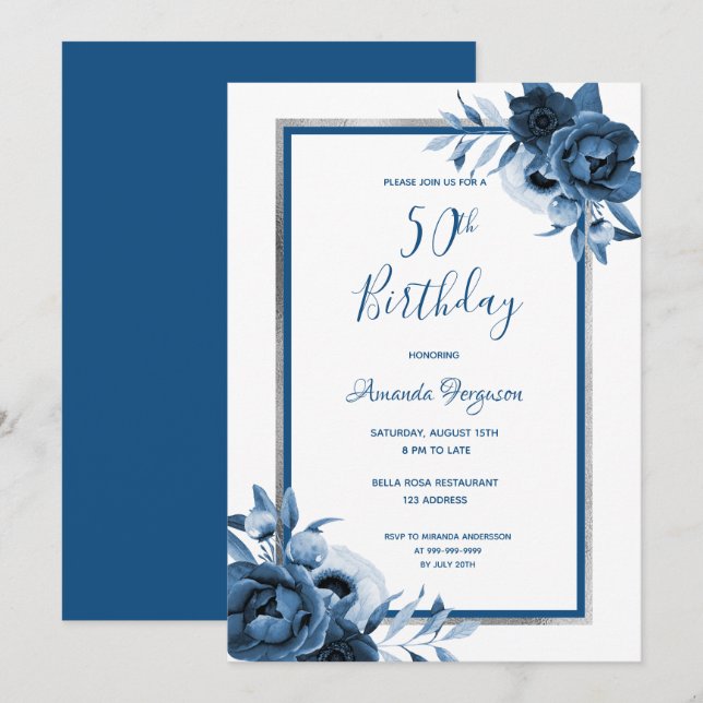 Invitation Fête 50e anniversaire bleu floraux blanc argent (Devant / Derrière)