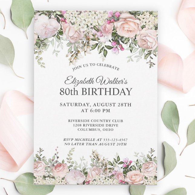 Invitation Fête 80e anniversaire des Roses roses rose féminin (Créateur téléchargé)
