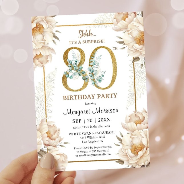 Invitation Fête 80e Anniversaire Elégant Peony Blanc Floral (Créateur téléchargé)