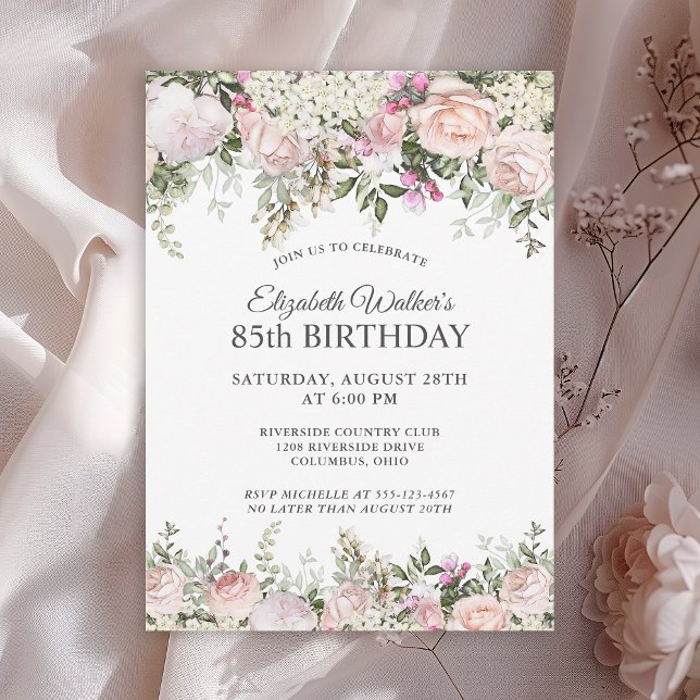 Invitation Fête 85e anniversaire des Roses roses rose féminin (Available in both printed and instant download digital formats.)