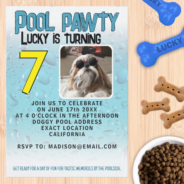 Invitation Fête à la piscine pour chiots avec photo personnal (Pool pawty puppy dog custom photo birthday party invitation by Isabella Hippie Lou)