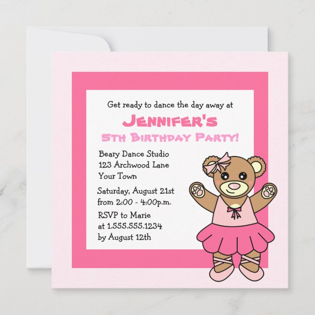 Invitation Fête à thème CuteBallet Teddy Bear (Devant)