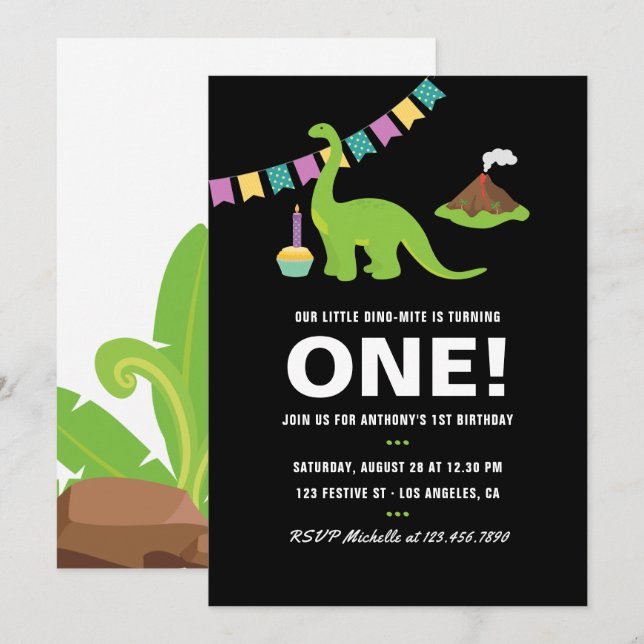 Invitation Fête à thème Dinosaure 1er Anniversaire noir et bl (Devant / Derrière)