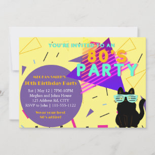 Invitation Fête à thème rétro années 80 sur fond noir avec un