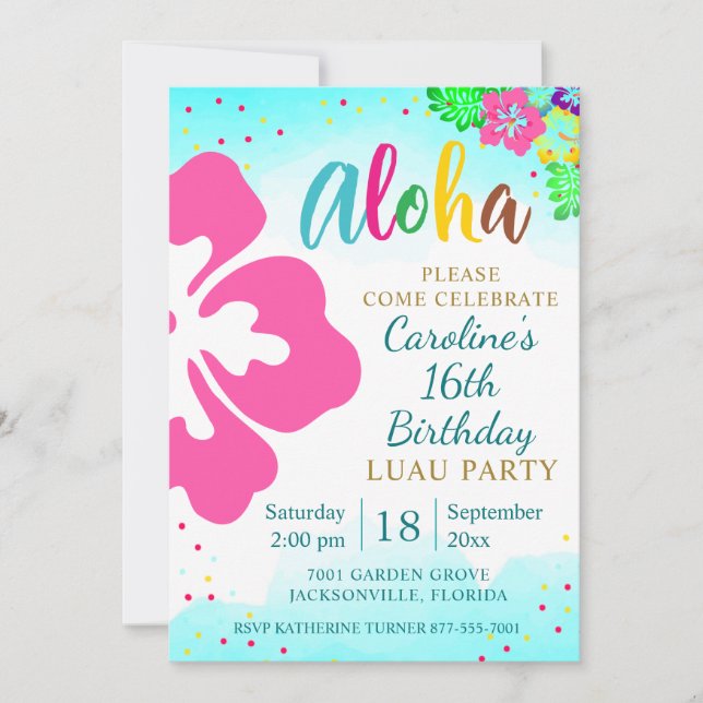 Invitation Fête Aloha Luau Anniversaire Tropical Hibiscus (Devant)