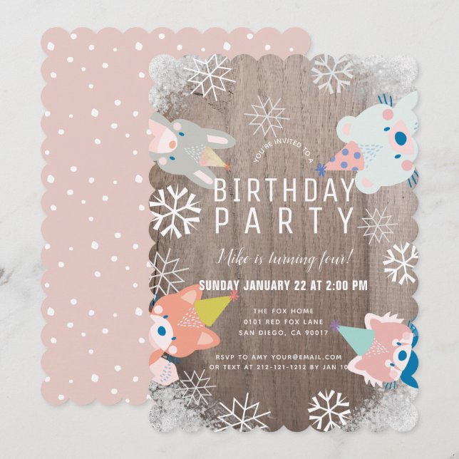 Invitation Fête Animaux des bois Flammes de neige rose Annive (Devant / Derrière)