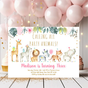 Invitation Fête Animaux Fille Safari Anniversaire