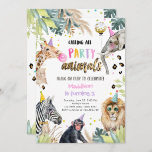 Invitation Fête Animaux Fille Safari Anniversaire Jungle Zoo