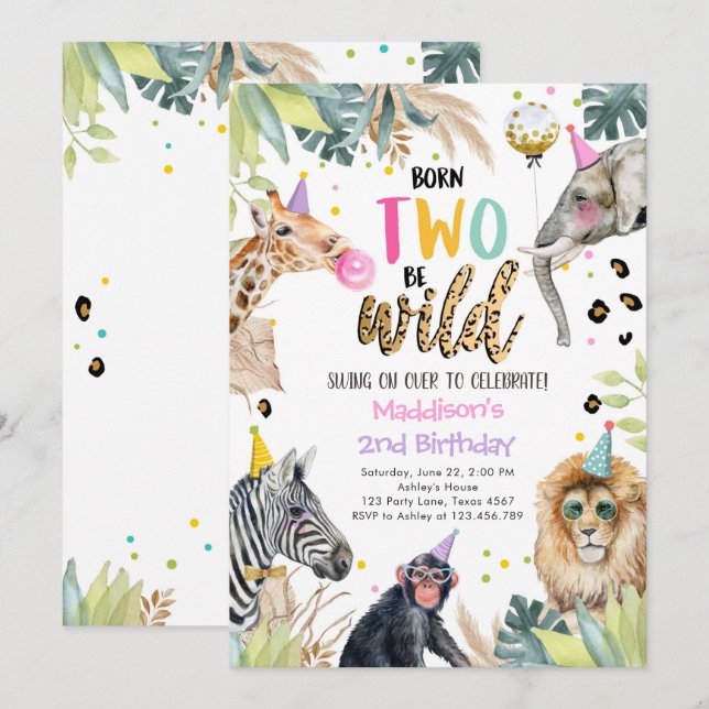 Invitation Fête Animaux Fille Safari Deux Wild 2e Anniversair (Devant / Derrière)