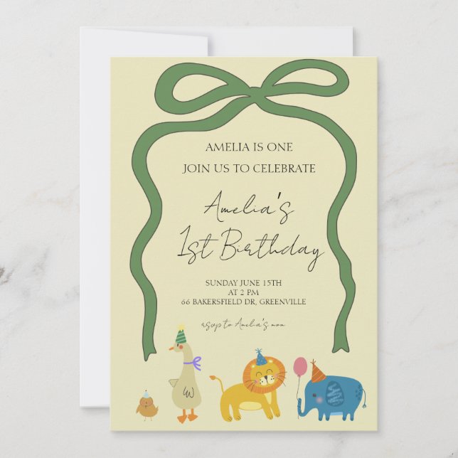 Invitation Fête Animaux Filles Anniversaire (Devant)
