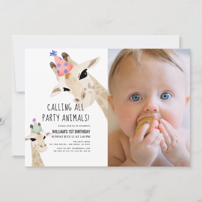 Invitation Fête Animaux Giraffe Photo 1er Anniversaire (Devant)