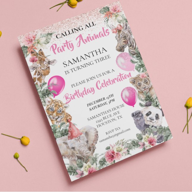 Invitation Fête Animaux Jungle Safari Fille rose Anniversaire (Créateur téléchargé)