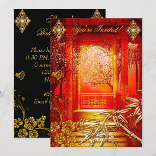 Invitation Fête Anniversaire Asiatique Vue Or Bambou Rouge