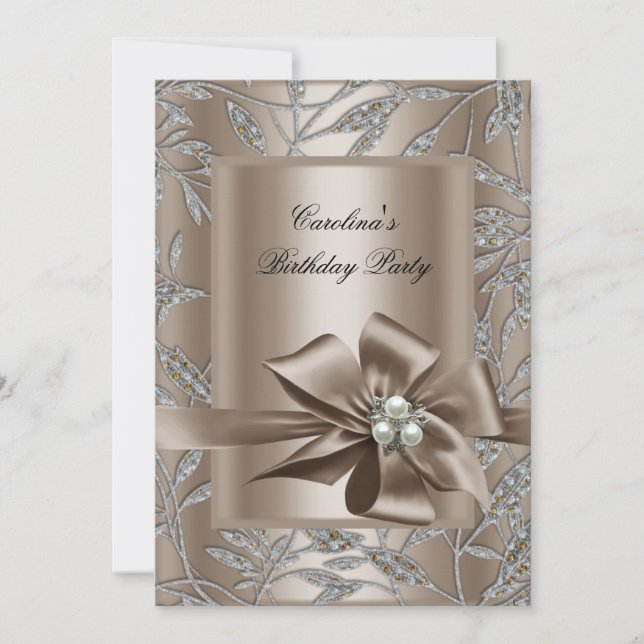 Invitation Fête Anniversaire Beige Argent Pearl Damask 2 (Devant)