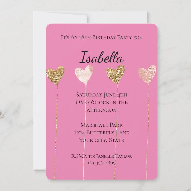 Invitation Fête Anniversaire Chaînes de Coeur Paillettes Or R (Dos)