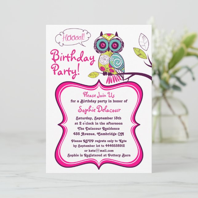 Invitation Fête Anniversaire de enfant de Chouette florale ré (Debout devant)