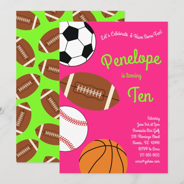 Invitation Fête Anniversaire de enfant sportive Filles roses (Devant / Derrière)