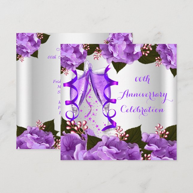 Invitation Fête Anniversaire Élégante Fleurs violettes (Devant / Derrière)