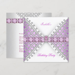 Invitation Fête Anniversaire Lilac Rose Argent Blanc Diamant 