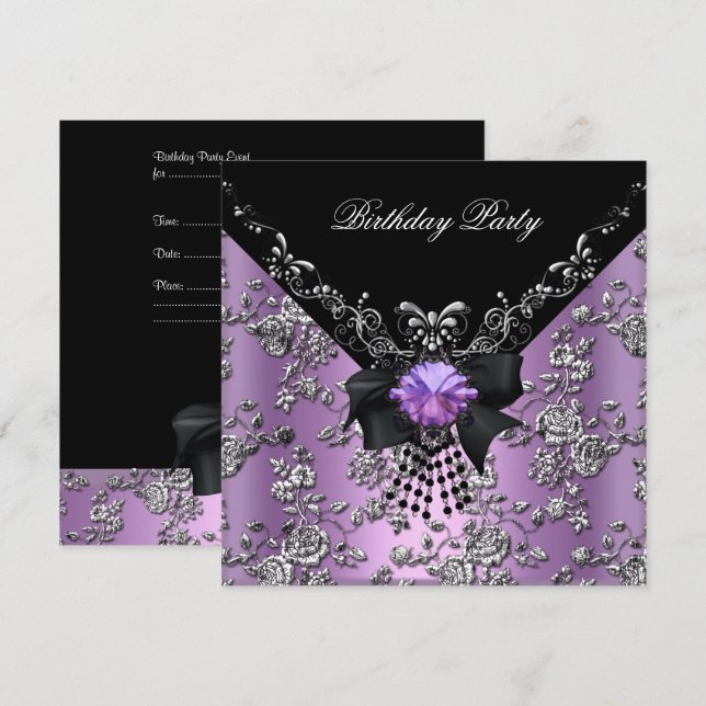 Invitation Fête Anniversaire Lilac Violet Noir Argent Damas (Devant / Derrière)
