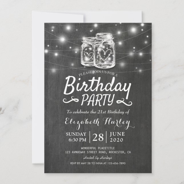 Invitation Fête Anniversaire Mason Jars Chaîne Lights Chalkbo (Devant)